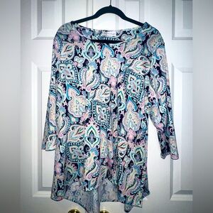 Kim Rogers women's 3/4 sleeve boat neck paisley print tunic top a high-low hem.